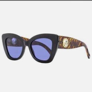 Fendi Black Cat-Eye Sunglasses with Blue Lenses and Brown Logo Temples